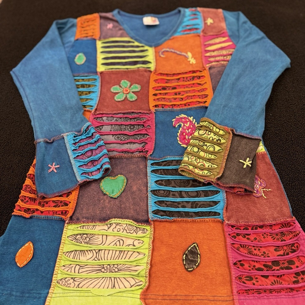 India Boutique Tunic Top Artsy Patchwork Hippie Art to Wear Whimsical Patchwork